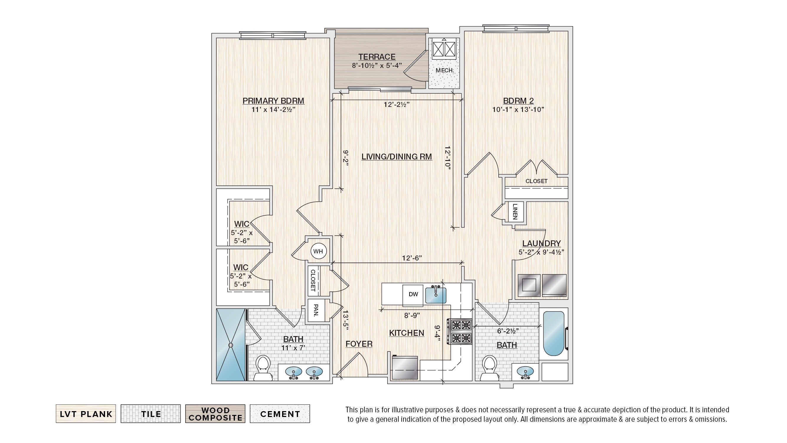 The Magnolia B-1 55+ active adult garden apartment floor plan with 2 bedrooms, 2 baths, and a terrace,,,,,,,,,,,,,,,
